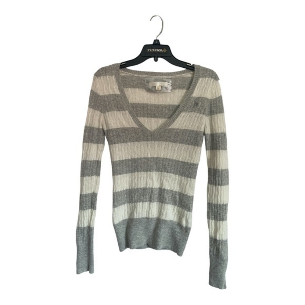 Kaisely Womens Sweater Angora Lambswool Striped Plunge V-Neck Size M